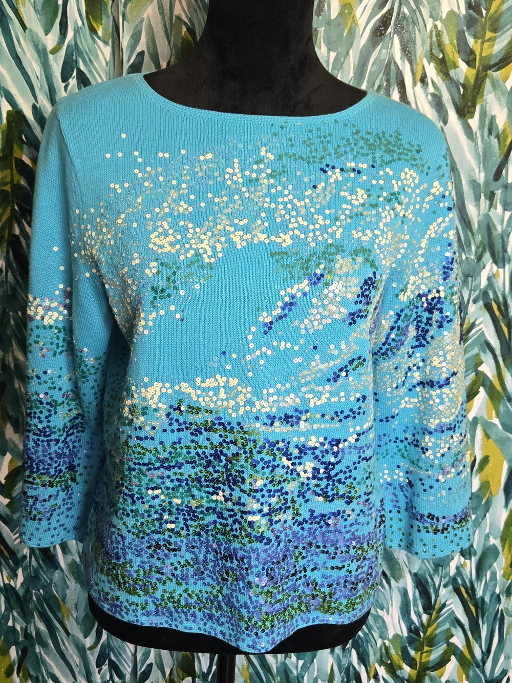Vintage Michael Simon Sequin Ocean Wave Art to Wear Teal Sweater